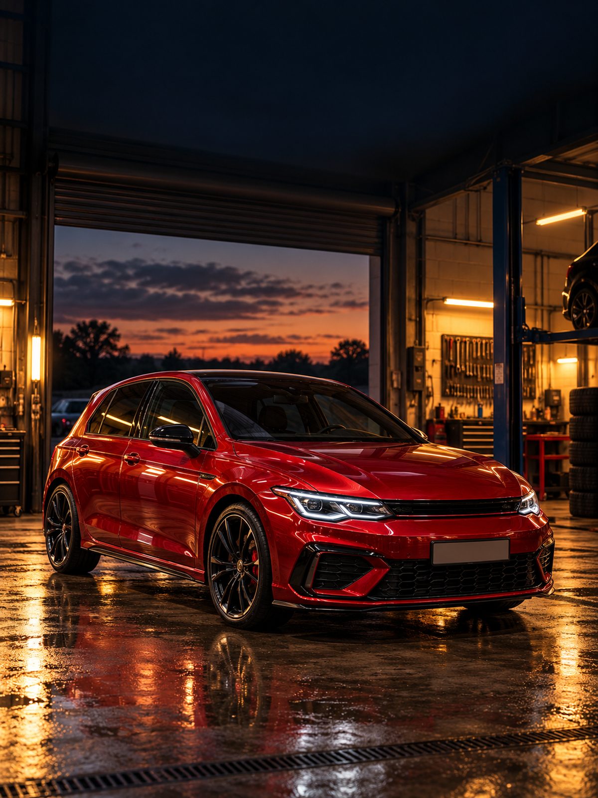 Illustrative photo of a polished red hatchback in a warmly lit garage at dusk