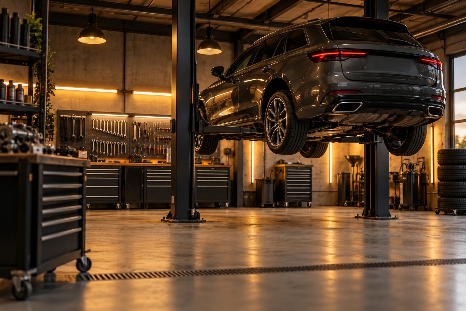 Illustrative photo of a car on a lift in a warmly lit workshop